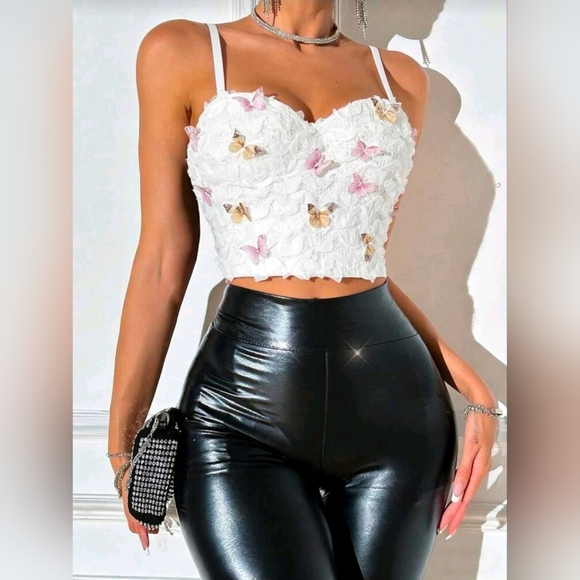 SHEIN Tops - Cute Butterfly Lace Ditsy Floral Camisole With Padding, Backless Crop Top